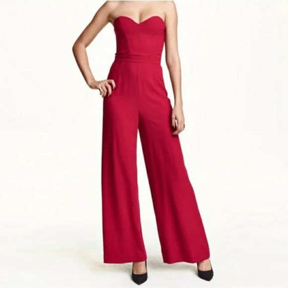 H&M Black Label Red Hot Wide Leg Jumpsuit Convertible Straps Size 12 - Picture 2 of 4